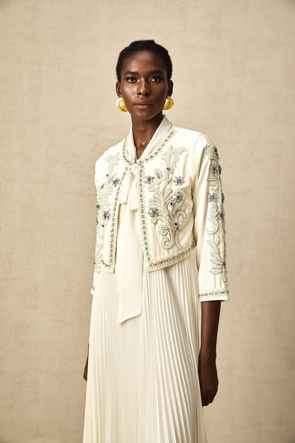 Blanche White Embellished Pleated Two-Piece Jacket and Dress Set