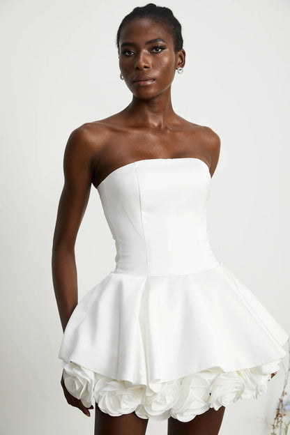 Lucie White Petal-Layered Strapless Corset Mini Dress
