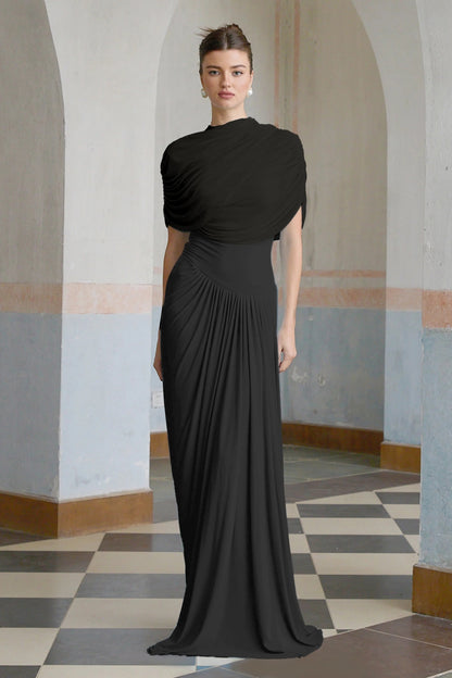 Catherine asymmetrical pleated maxi dress in Brown