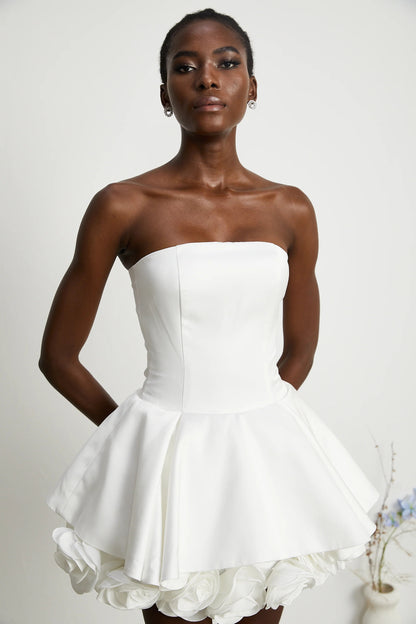 Lucie White Petal-Layered Strapless Corset Mini Dress