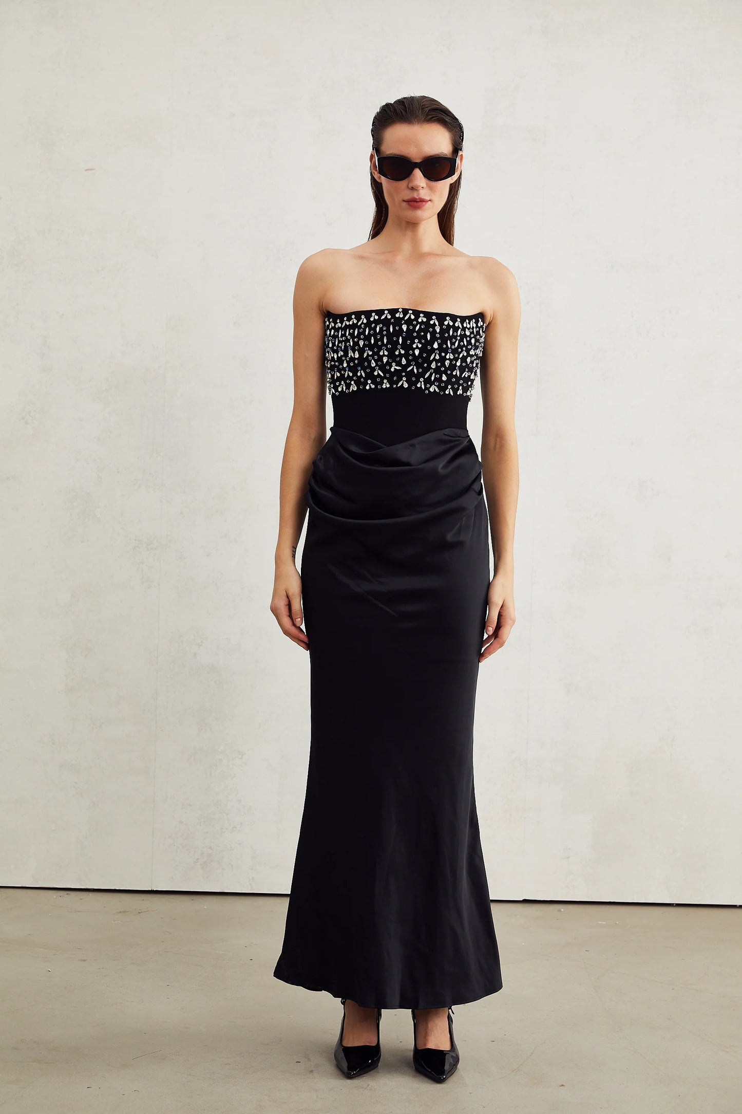 Aurore Black Crystal Embellished Maxi Dress