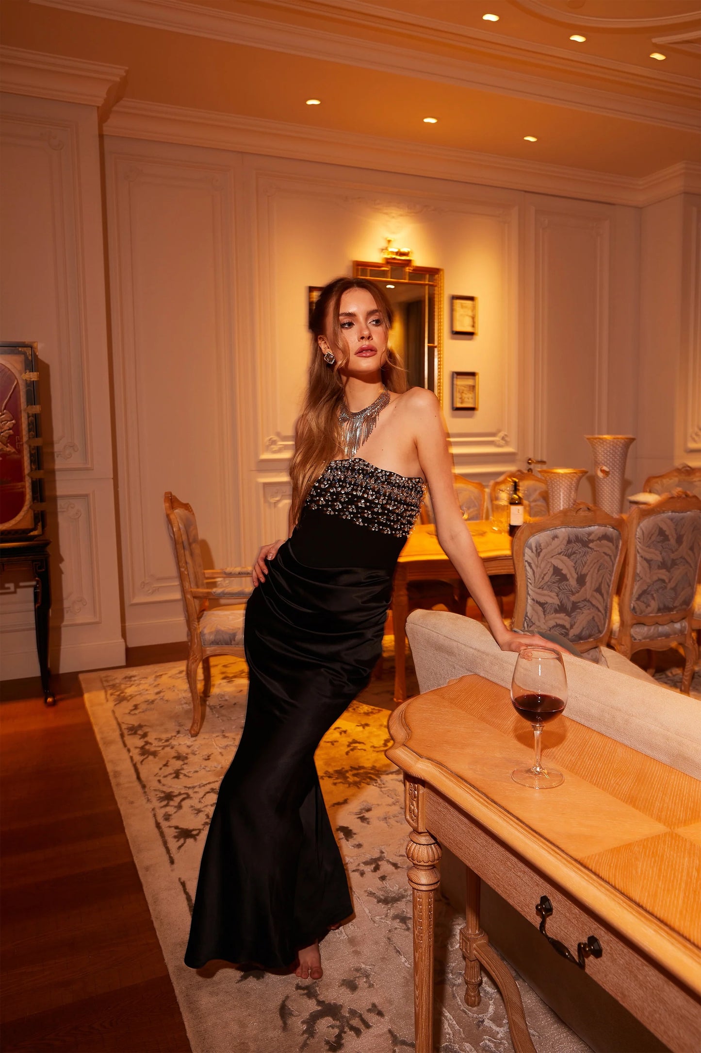 Aurore Black Crystal Embellished Maxi Dress